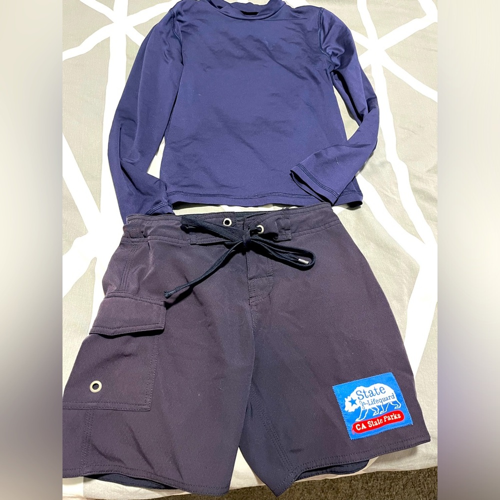 Boys CA Junior Lifeguard Board Shorts + Rash Guard - size 8/10 (M).